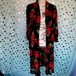 Ember Sheer Cover Up Black with Red Floral 3/4 Sleeve